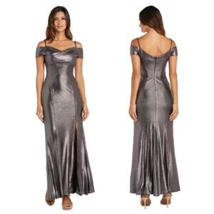 High Side Slit Long Off Shoulder Formal Evening Maxi Dress Gown Gray Gunmetal 8